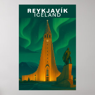 Vintage Reykjavík, Island Aurora Borealis Poster