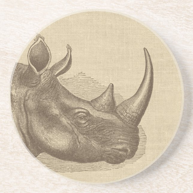 Vintage Rhino-Illustration auf Burlap Getränkeuntersetzer (Vorne)