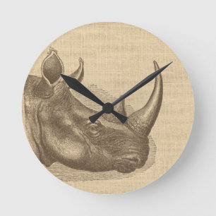 Vintage Rhino-Illustration auf Burlap Runde Wanduhr