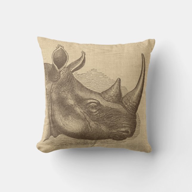 Vintage Rhino-Illustration auf Burlap-Throw-Kissen Kissen (Vorderseite)