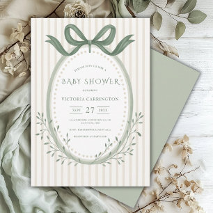 Vintage Ribbon Green Watercolor Babydusche Einladung