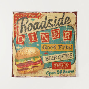 Vintage Roadside Diner Metallschild. diner, retro, Wandteppich