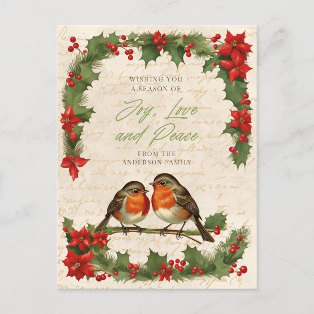Vintage Robin Birds Weihnachtskranz Feiertagspostkarte (Vorderseite)