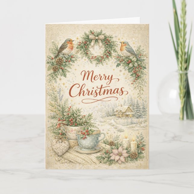 Vintage Robin Kranz Frohe Weihnachten  (Vorderseite)
