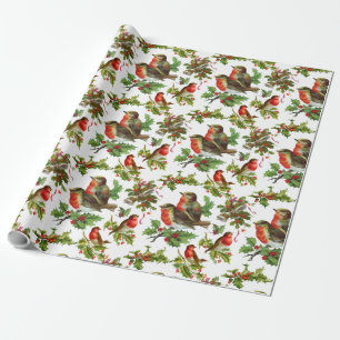 Vintage Robin Vogel Stechpalmen Beeren Winter Weih Geschenkpapier