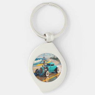Vintage Roboter mit einem Surfbrett am Strand Schlüsselanhänger