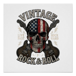 Vintage Rock Totenkopf Amerikanische Flagge Gitarr Poster