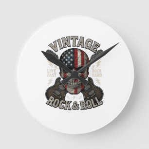 Vintage Rock Totenkopf Amerikanische Flagge Gitarr Runde Wanduhr