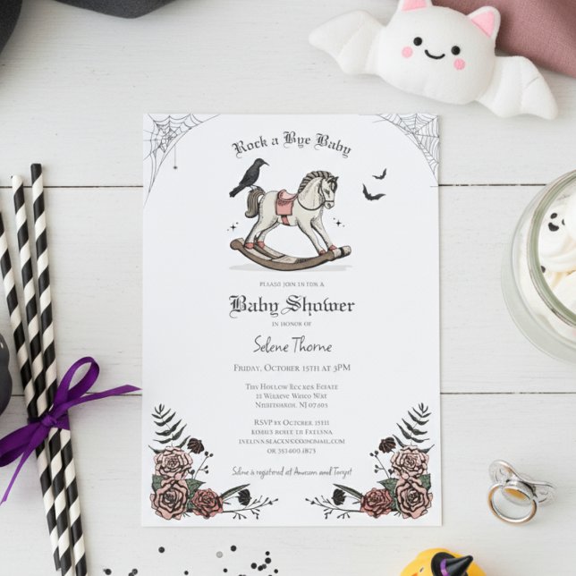 Vintage Rocking Horse Gothic Baby Dusche Einladung (Cute Gothic Halloween Baby Shower Invitation. Rocking Horse & Roses Vintage Rock a Bye Baby Shower)