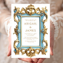 Vintage Rococo Blue Gold Frame Wedding Invitation