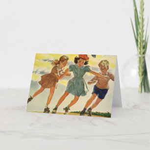Vintage-Rollschuhspaß Kinder Jungen und Mädchen Karte