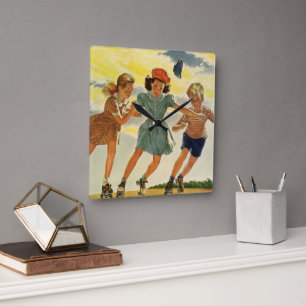 Vintage-Rollschuhvergnügen Kinder Jungen und Mädch Quadratische Wanduhr