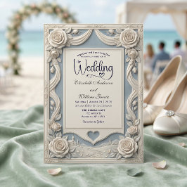 Vintage Romantic Neoclassical Blue 3D Rose  Einladung