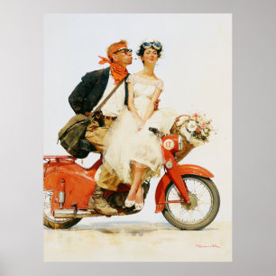 Vintage Romantik auf einem roten Roller Poster