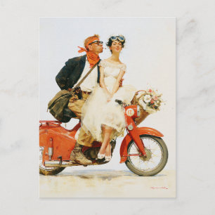 Vintage Romantik auf einem roten Roller Postkarte