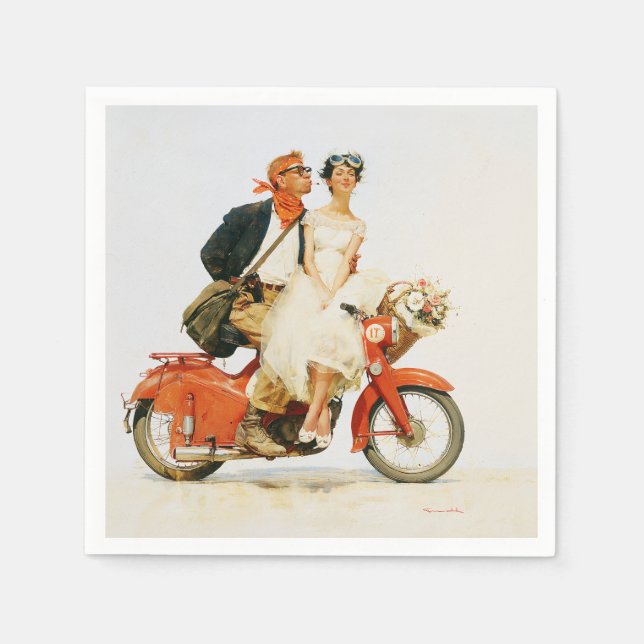 Vintage Romantik auf einem roten Roller Serviette (Vorderseite)