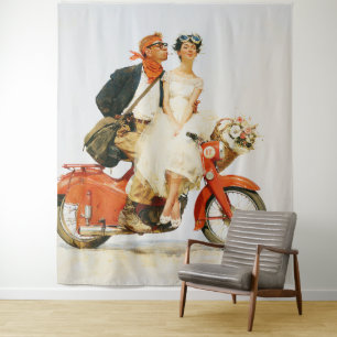 Vintage Romantik auf einem roten Roller Wandteppich