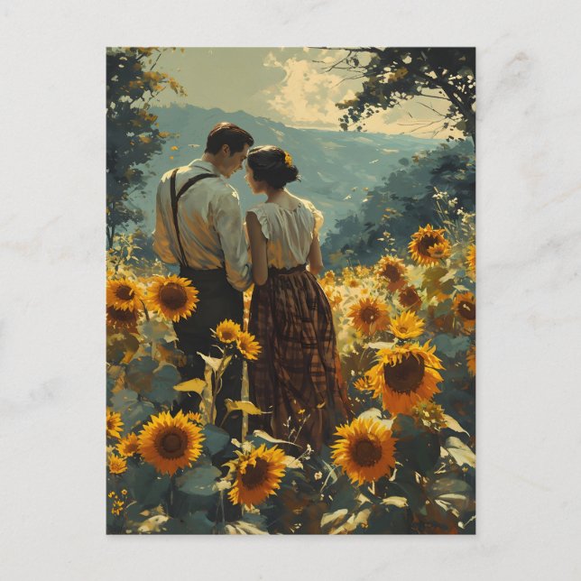 Vintage Romantik in Sonnenblumenfeldern Postkarte (Vorderseite)