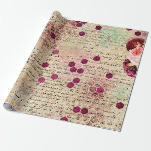 Vintage romantische Biene floral burgunderrot Gold Geschenkpapier