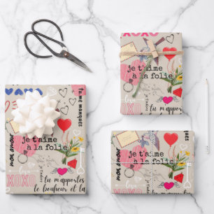 Vintage romantische Liebe und französisches Wortmu Geschenkpapier Set