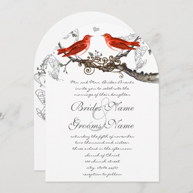 Vintage romantische Musical Red Love Birds Hochzei Einladung (Vorne/Hinten)