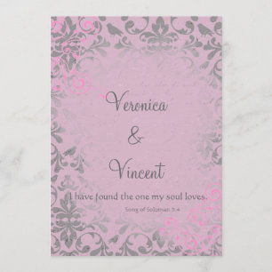Vintage Romantische Rosa und Graue Damast Hochzeit Einladung