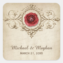 Vintage romantische Rose Blühe Hochzeit Quadratischer Aufkleber