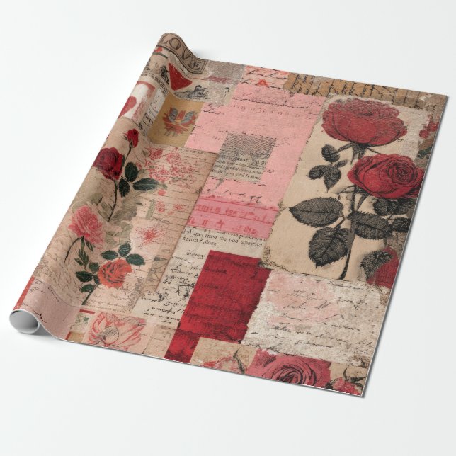 Vintage Romantische Rose Collage (1) Geschenkpapier (Ungerollt)