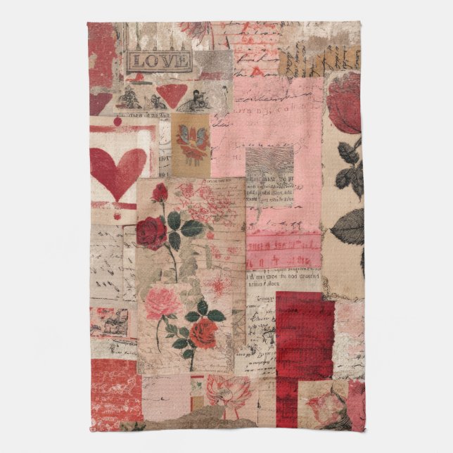 Vintage Romantische Rose Collage (1) Geschirrtuch (Vertikal)