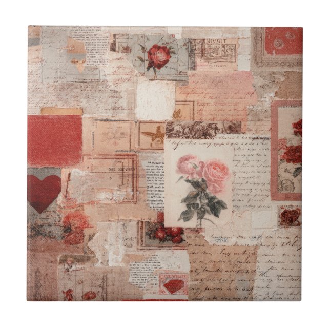 Vintage Romantische Rose Collage (2) Fliese (Vorderseite)