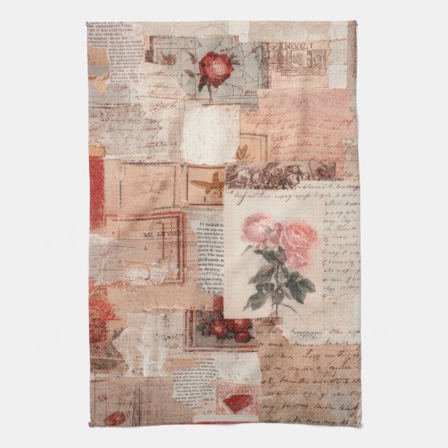 Vintage Romantische Rose Collage (2) Geschirrtuch (Vertikal)