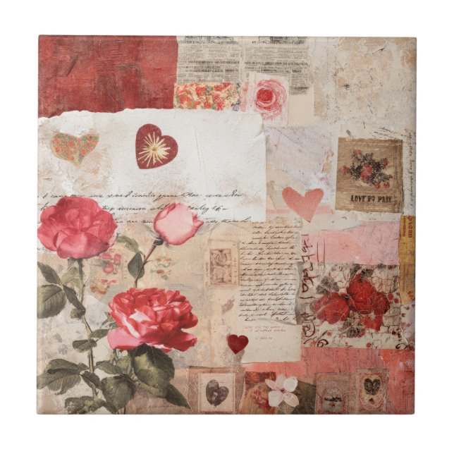 Vintage Romantische Rose Collage (3) Fliese (Vorderseite)