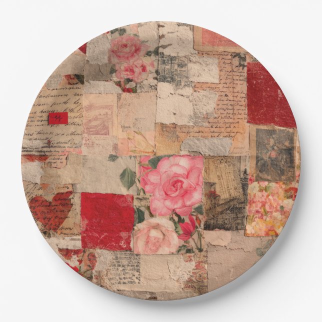 Vintage Romantische Rose Collage (5) Pappteller (Vorderseite)