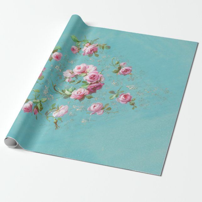 Vintage romantische Rosen auf blauer Decopage Geschenkpapier (Ungerollt)