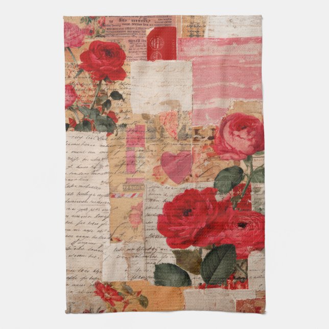 Vintage Romantische Rosen Collage (6) Geschirrtuch (Vertikal)