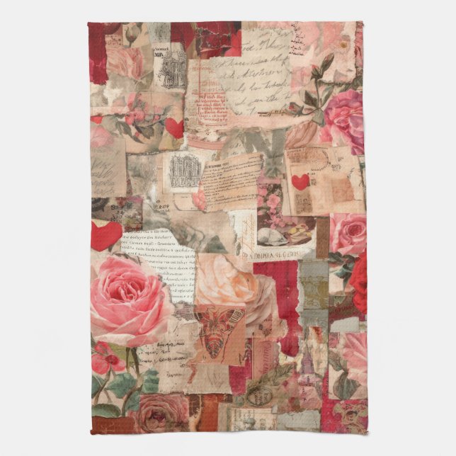 Vintage Romantische Rosen Collage (7) Geschirrtuch (Vertikal)