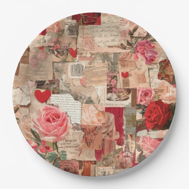 Vintage Romantische Rosen Collage (7) Pappteller (Vorderseite)