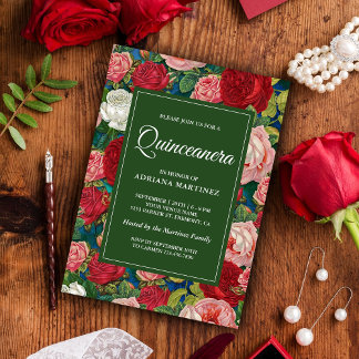 Vintage romantische Rote Rosen Blumenquinceanera Einladung