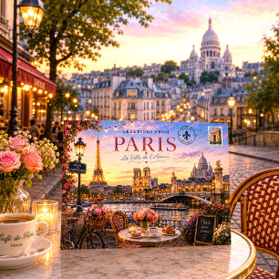 Vintage Romantischer Sonnenuntergang Paris Skyline Feiertagspostkarte