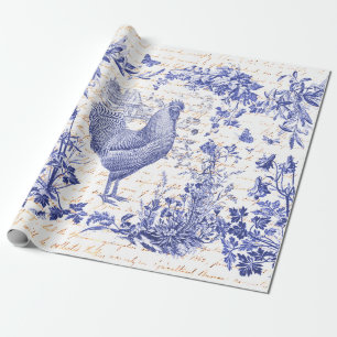 Vintage Rooster Blue Toile Blumenschrift Geschenkpapier
