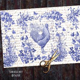 Vintage Rooster Blue Toile Blumenschrift Seidenpapier