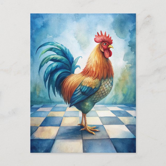 Vintage Rooster Blue White Checkered  Postkarte (Vorderseite)