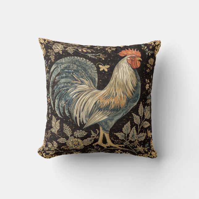 Vintage Rooster, Florals Pattern,Black Background Kissen (Vorderseite)