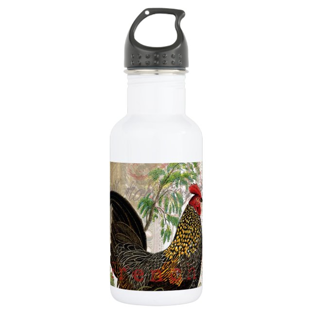 Vintage Rooster French Collage Farm Pet Edelstahlflasche (Vorderseite)