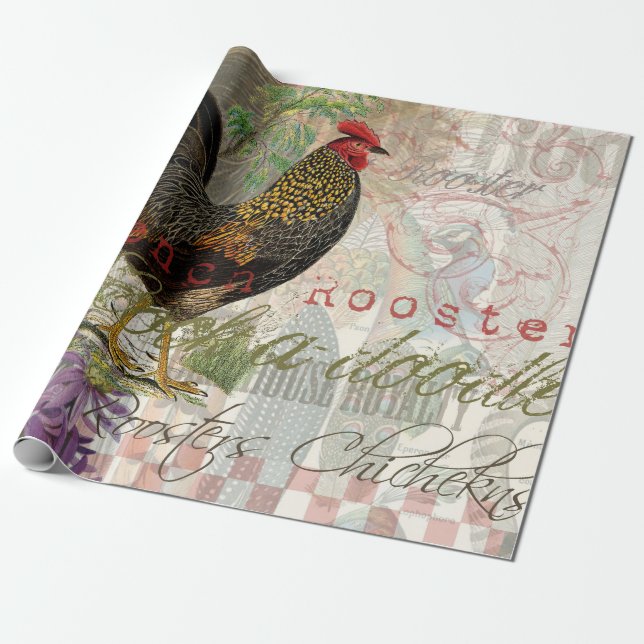 Vintage Rooster French Collage Farm Pet Geschenkpapier (Ungerollt)