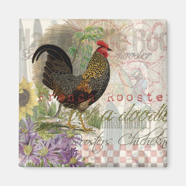 Vintage Rooster French Collage Farm Pet Magnet (Vorne)
