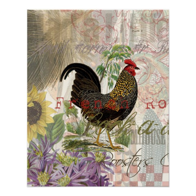 Vintage Rooster French Collage Farm Pet Poster (Vorderseite)