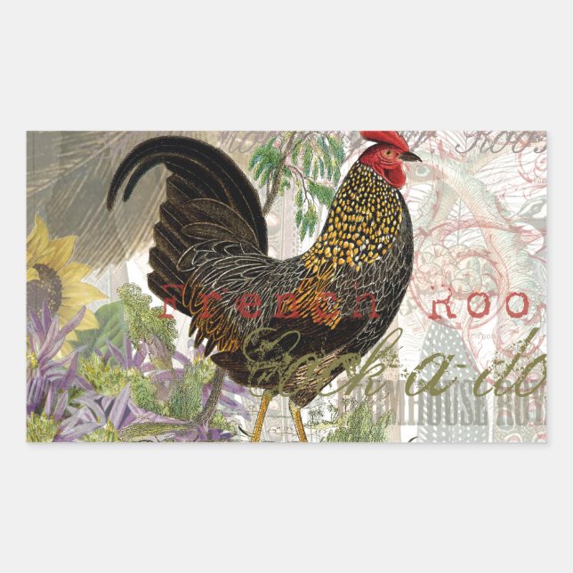 Vintage Rooster French Collage Farm Pet Rechteckiger Aufkleber (Vorderseite)