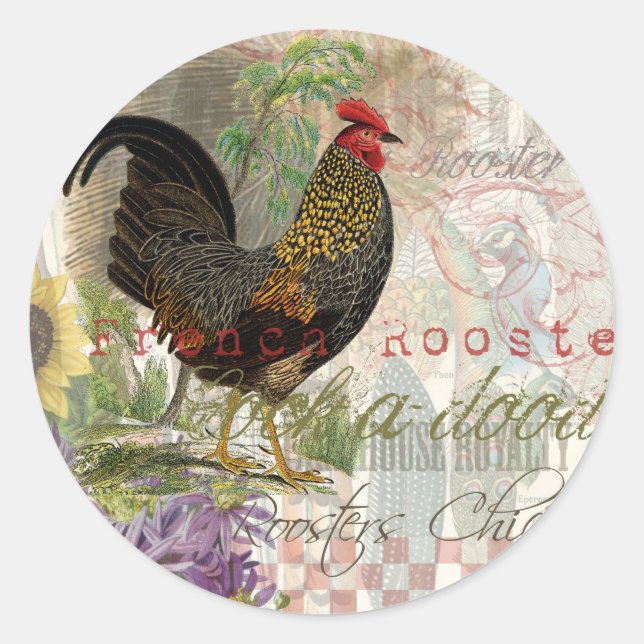 Vintage Rooster French Collage Farm Pet Runder Aufkleber (Vorderseite)