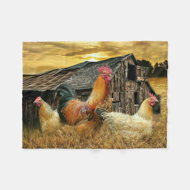Vintage Rooster-Hühner Rustikaler Barcoop Fleecedecke (Vorderseite (Horizontal))